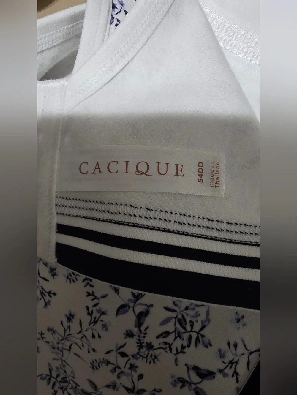 Cacique Unlined Full Coverage No Wire White with Navy Floral Print Bra Size 54DD